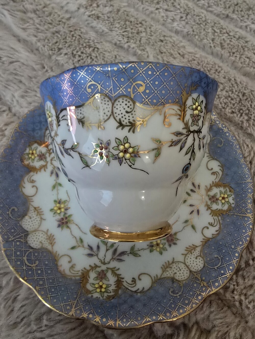 Prince Blue, White and Gold Floral Porcelain Teacup and Saucer